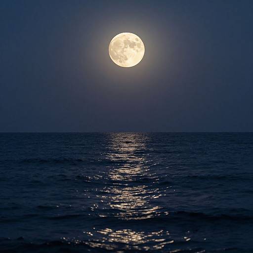 Photograph of a full moon above a dark, calm ocean, with moonlight reflecting off the water's surface.