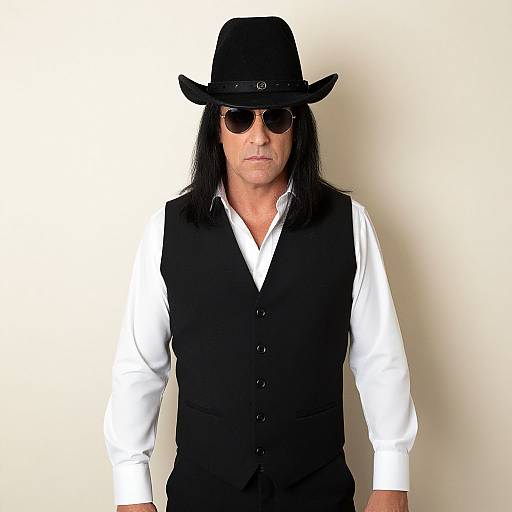 Photograph of a man with long black hair, wearing a black hat, black vest over a white shirt, and dark sunglasses, standing against a plain