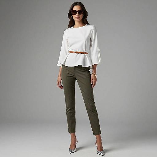 Woman in Chic White Peplum Blouse and Olive Trousers