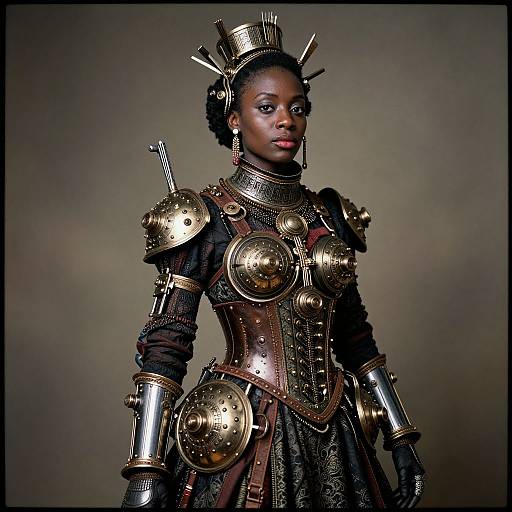 Photograph of a dark-skinned woman in elaborate, metallic, Victorian-inspired armor with brass shoulder plates, corset, and hat, against a muted