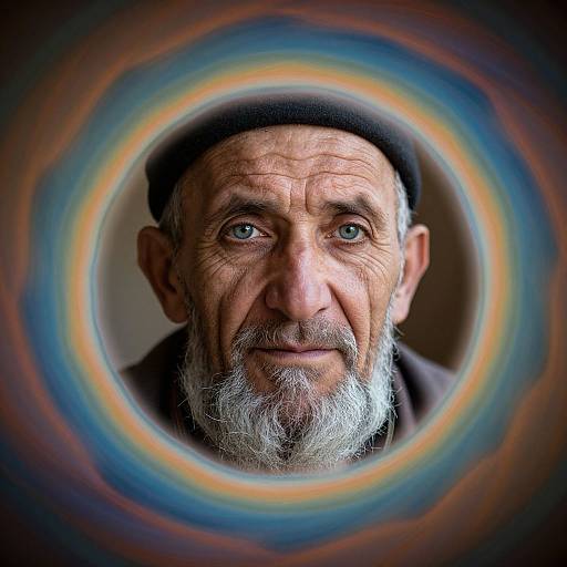 Photograph of an elderly man with a white beard and blue eyes, wearing a black beret, framed by a colorful, rainbow-like circular gradient.