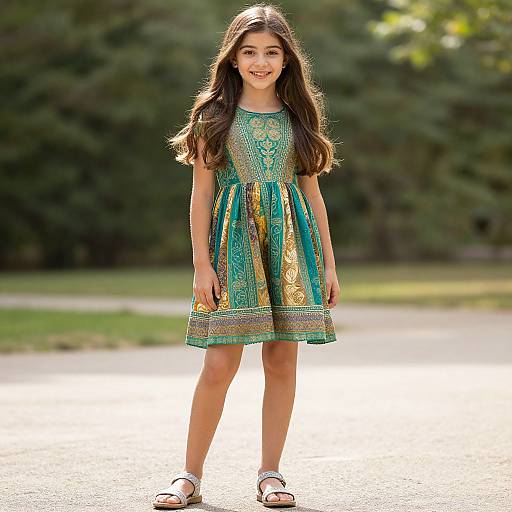 Photograph of a smiling young girl with long brown hair, wearing a teal and gold embroidered dress, standing on a sunlit path, with green trees