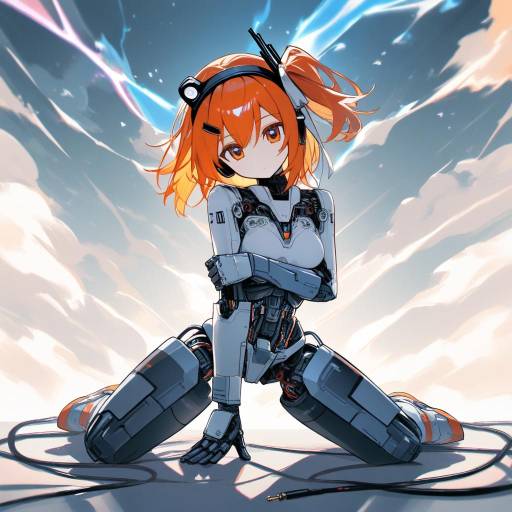 Kneeling Android Girl in Stormy Setting