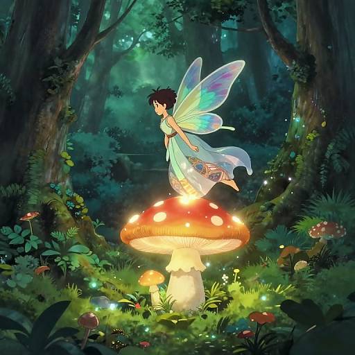 Digital anime-style illustration of a fairy with translucent blue wings, standing on a glowing red mushroom in a lush, enchanted forest.