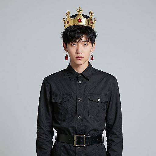 Photograph of an Asian man with short black hair, wearing a golden crown adorned with red gems, black button-up shirt, black belt, and red