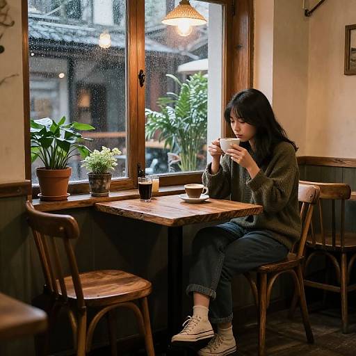 Photograph of a young woman with dark hair, wearing a green sweater and white sneakers, sipping coffee at a wooden cafe table by a rainy window