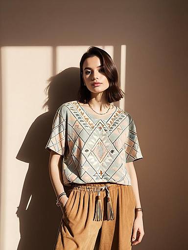 Woman in Bohemian Ethnic Patterned Top and Brown Faux Suede Pants