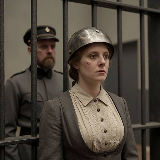 Photograph of a pale-skinned woman with brown hair in a metal helmet, gray dress, and cream blouse, seated behind black prison bars, with