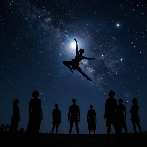 Silhouetted figure leaps skyward against a starry, Milky Way-filled night sky, with silhouetted onlookers below, in