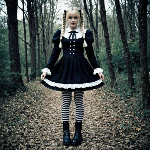 Woman in Gothic Lolita Costume in Forest