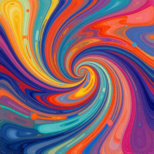 Vibrant abstract digital art with swirling, colorful waves in yellow, orange, red, blue, green, and purple, creating a dynamic, mesmer