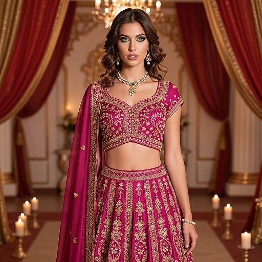 Photograph of a beautiful South Asian woman in a pink and gold traditional lehenga set, standing in an opulent room with lit candles and red dr