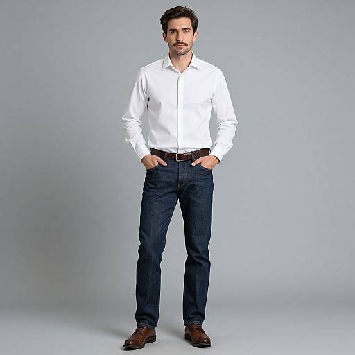Photograph of a handsome, bearded man with fair skin and dark hair, wearing a white button-down shirt, dark blue jeans, and brown shoes
