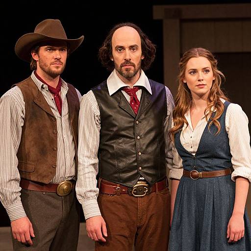 Photograph of three actors in period clothing: bearded man in brown vest and hat, bald man in black vest and red tie, and woman in