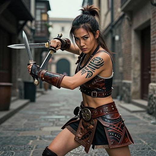 Photograph of an intense, tattooed Asian woman with black hair in a bun, wielding dual knives in a medieval stone alley. She wears a leather