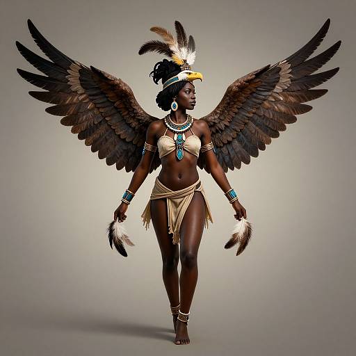 Digital art of a dark-skinned, winged African woman in a golden bikini, feathered headdress, and jewelry, walking confidently.