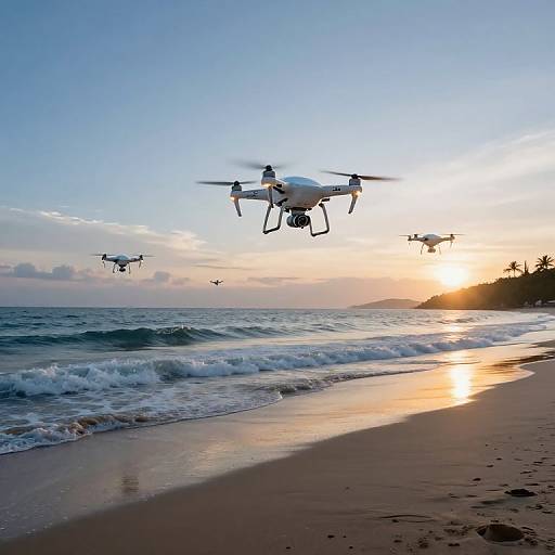 Futuristic AI Drones at Sunset Beach