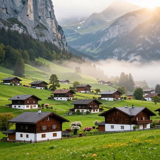 Photograph of a picturesque Alpine village with wooden chalets, white-walled homes, lush green hills, misty valleys, and towering rocky cliffs under