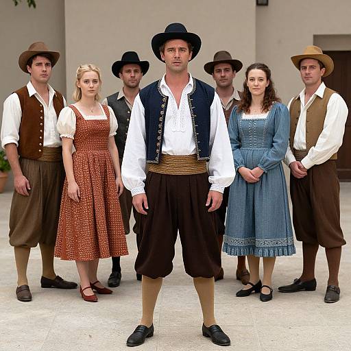 Photograph of six 18th-century costumed individuals standing outdoors, centered on a man in black vest, white shirt, and black pants, surrounded