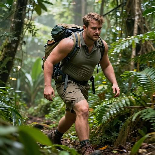 Photograph of a muscular, bearded man in a green tank top and khaki shorts, hiking through a dense, sunlit jungle with a large
