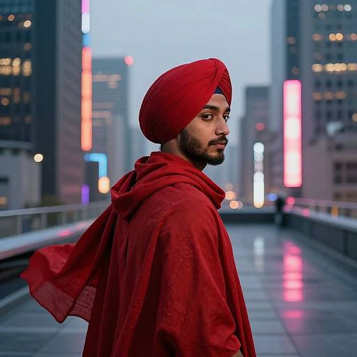 Urban Rooftop Portrait with Red Turban