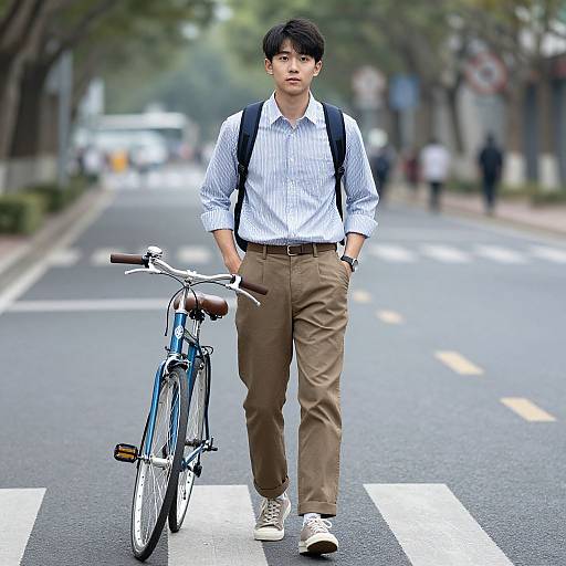Photograph of a young Asian man with short black hair, wearing a striped shirt, brown pants, and white sneakers, walking a blue bicycle on a