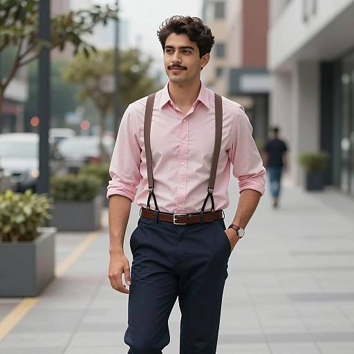 Young Man in Pink Shirt with Suspenders Walking in Urban Setting