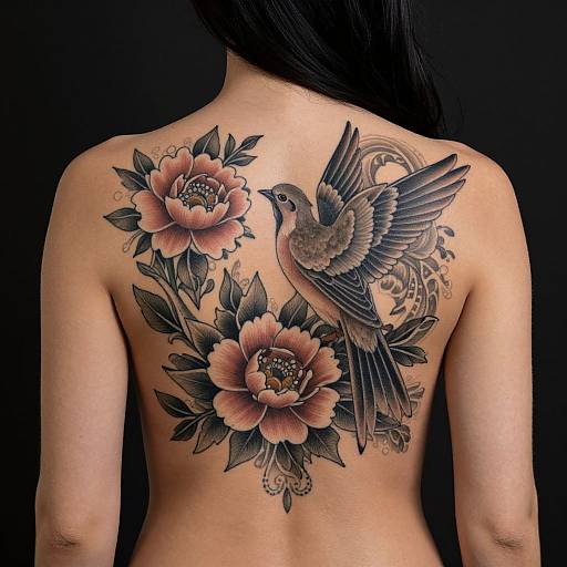 Photograph of a tattoo on a person's back featuring a detailed, colored bird among pink and black floral designs against a black background.