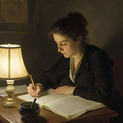 A dimly-lit photograph of a young woman in a black dress writing in an open book by a warm lamp, with a cup and quill