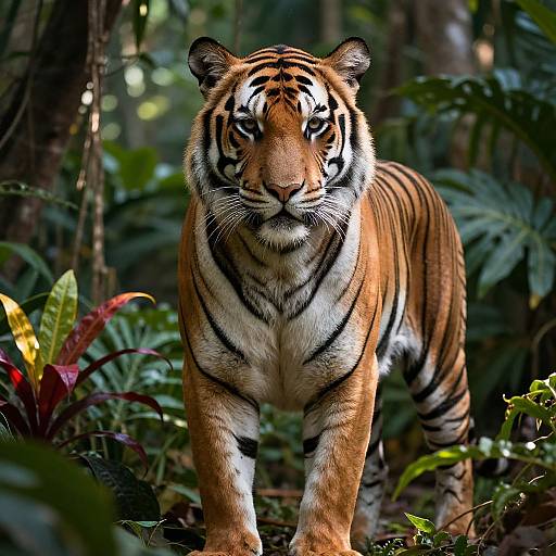 Photograph of a majestic Bengal tiger with striking orange and black stripes, standing alert in a lush, green forest.