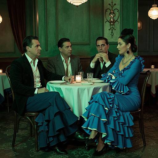 Photograph of three people in formal attire seated at a dimly lit, elegant restaurant table with candles, green walls, and ornate decor. A