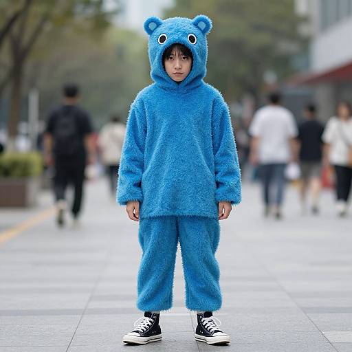 Photograph of a young boy in a blue, fuzzy bear costume with bear ears, standing on a city sidewalk, blurred pedestrians in the background.