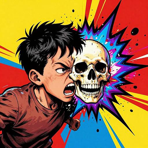 Digital comic-style drawing of a frightened young man with black hair, wearing a brown shirt, merged with a skull in an explosive, colorful background of yellow