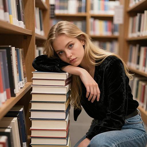 Young Woman in Bookstore Aisle with Book Stack