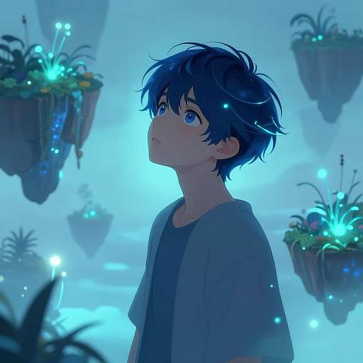 Digital anime-style artwork of a blue-haired boy with large blue eyes, wearing a gray shirt, gazing upward at floating glowing plants in a dreamy