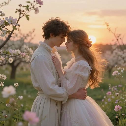 Romantic Sunset Embrace in Blooming Garden