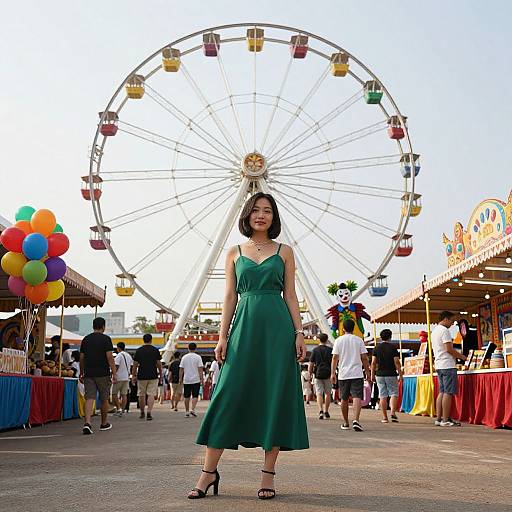 Photograph of a young woman in a green sundress and black heels, standing in front of a colorful Ferris wheel at a lively outdoor fair.