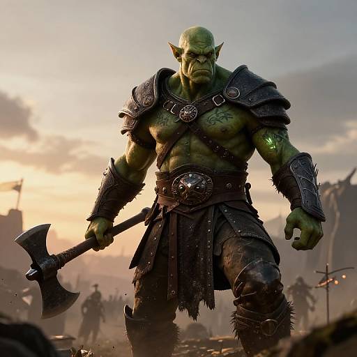 CGI fantasy image of a muscular, green-skinned orc warrior with pointed ears, wearing dark armor, holding an axe, standing in a war-t