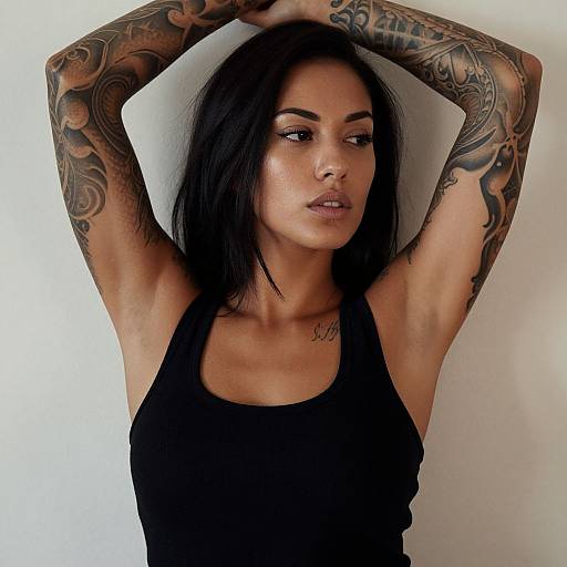 Photograph of a tattooed woman with black hair, wearing a black tank top, arms raised, white background, intense gaze.