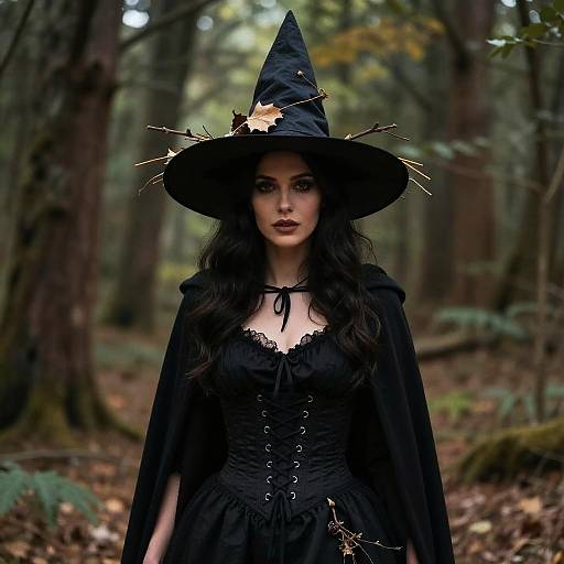 Photograph of a pale-skinned woman with long black hair, wearing a black witch hat and dress, standing in a misty forest.