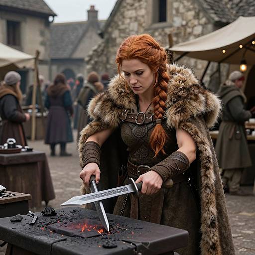 Photorealistic digital artwork of a red-haired woman in fur cloak, sharpening a sword at a medieval village blacksmith's forge.