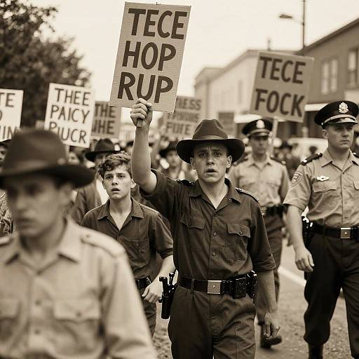 Vintage Protest Scene with Police