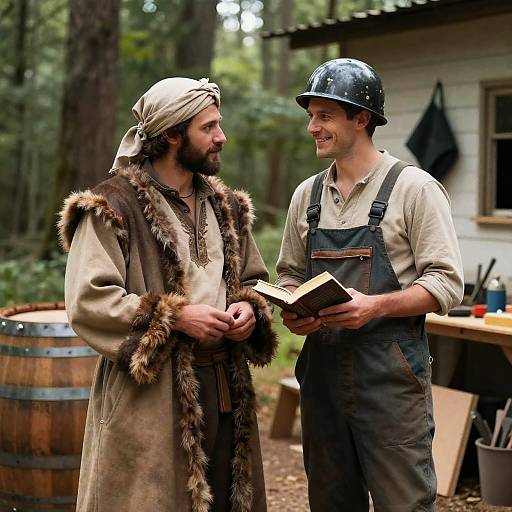 Cozy Forest Workshop Scene with Two Men