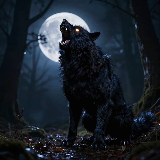 Digital artwork of a black werewolf with glowing red eyes, howling at a full moon in a dark, misty forest.