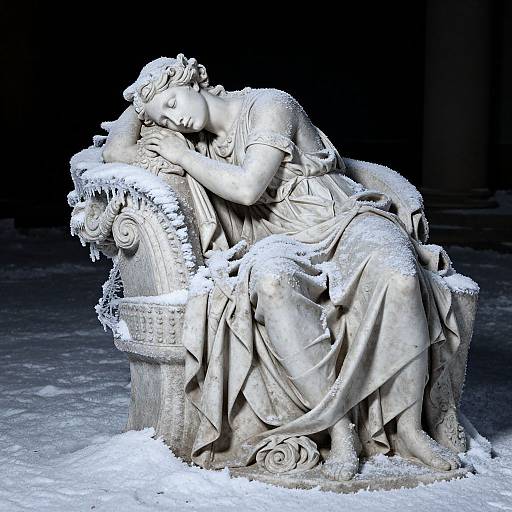 Photograph of a snow-covered marble statue of a sleeping woman with wavy hair, draped in a flowing gown, resting on a detailed armchair,