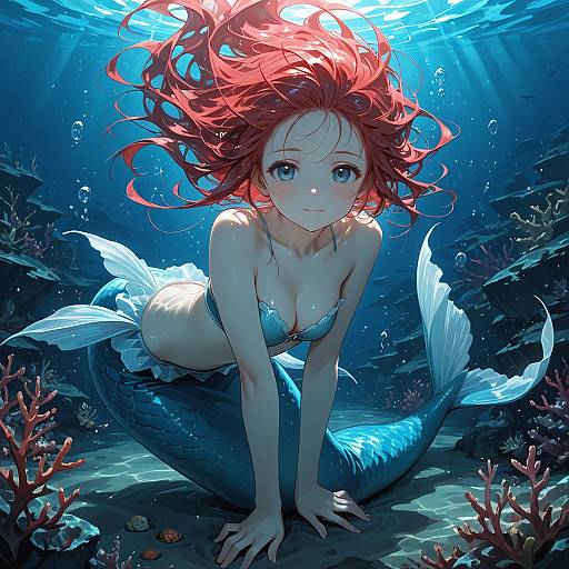 Smiling Red-Haired Mermaid Underwater