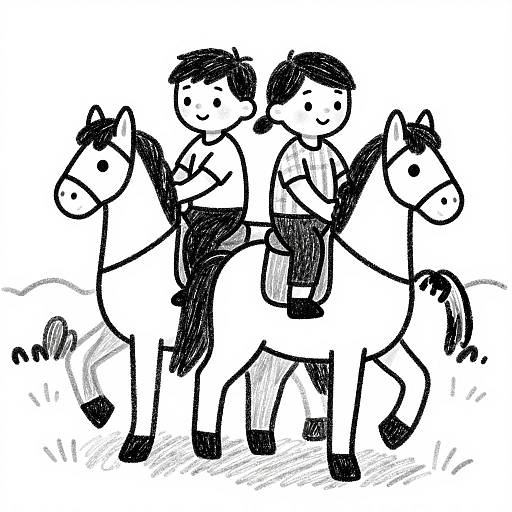 Black and white sketch of two children riding horses side by side, simple cartoon style with bold lines and minimal detail.