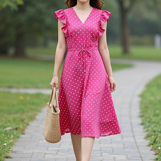 Photograph of a woman in a pink polka dot dress with short sleeves, holding a woven bag, walking on a park path.