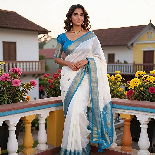Photograph of an Indian woman with medium brown skin, wearing a white and blue saree, standing on a balcony with colorful flowers, traditional buildings in