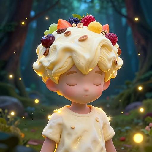 CGI image of a young boy with closed eyes, wearing a cream-colored shirt, and a whipped cream hat adorned with fruits, standing in a magical